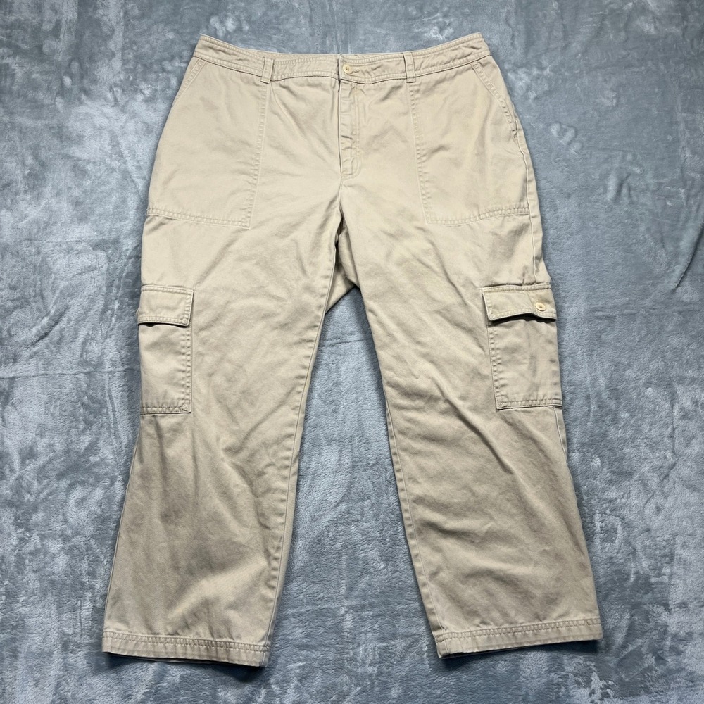 Caslon Cargo Pants Women 14W Tan Khaki Wide Leg Cropped High Rise Utility Cotton